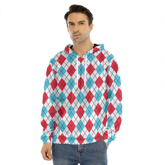 White Red And Blue Argyle Pattern Print Men's Velvet Pullover Hoodie