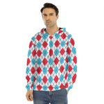 White Red And Blue Argyle Pattern Print Men's Velvet Pullover Hoodie