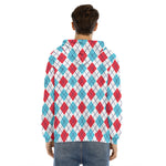 White Red And Blue Argyle Pattern Print Men's Velvet Pullover Hoodie