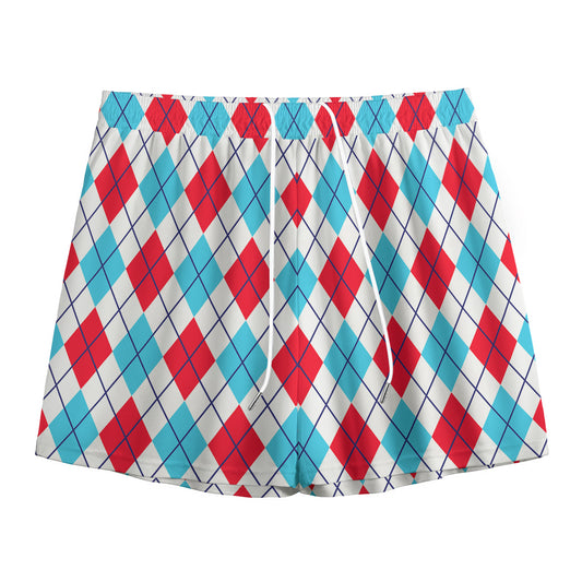 White Red And Blue Argyle Pattern Print Mesh Shorts