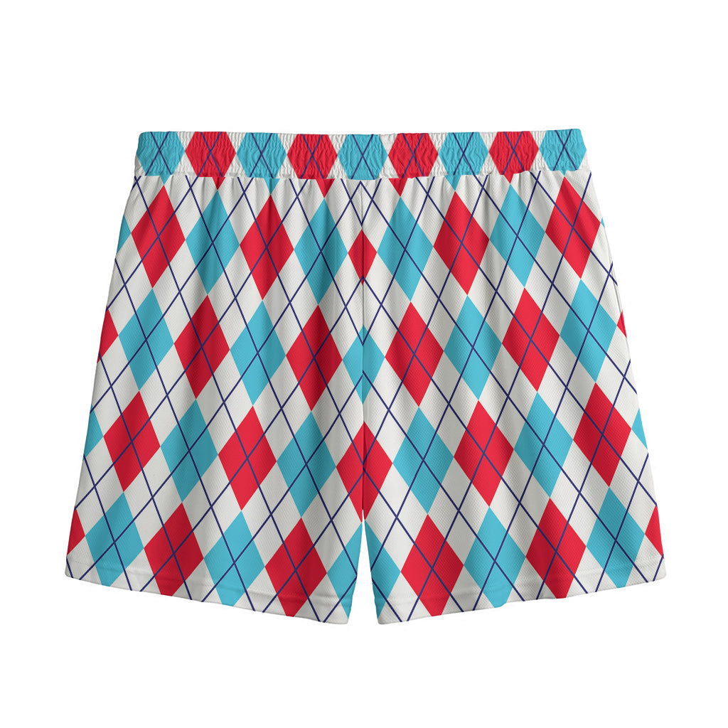 White Red And Blue Argyle Pattern Print Mesh Shorts