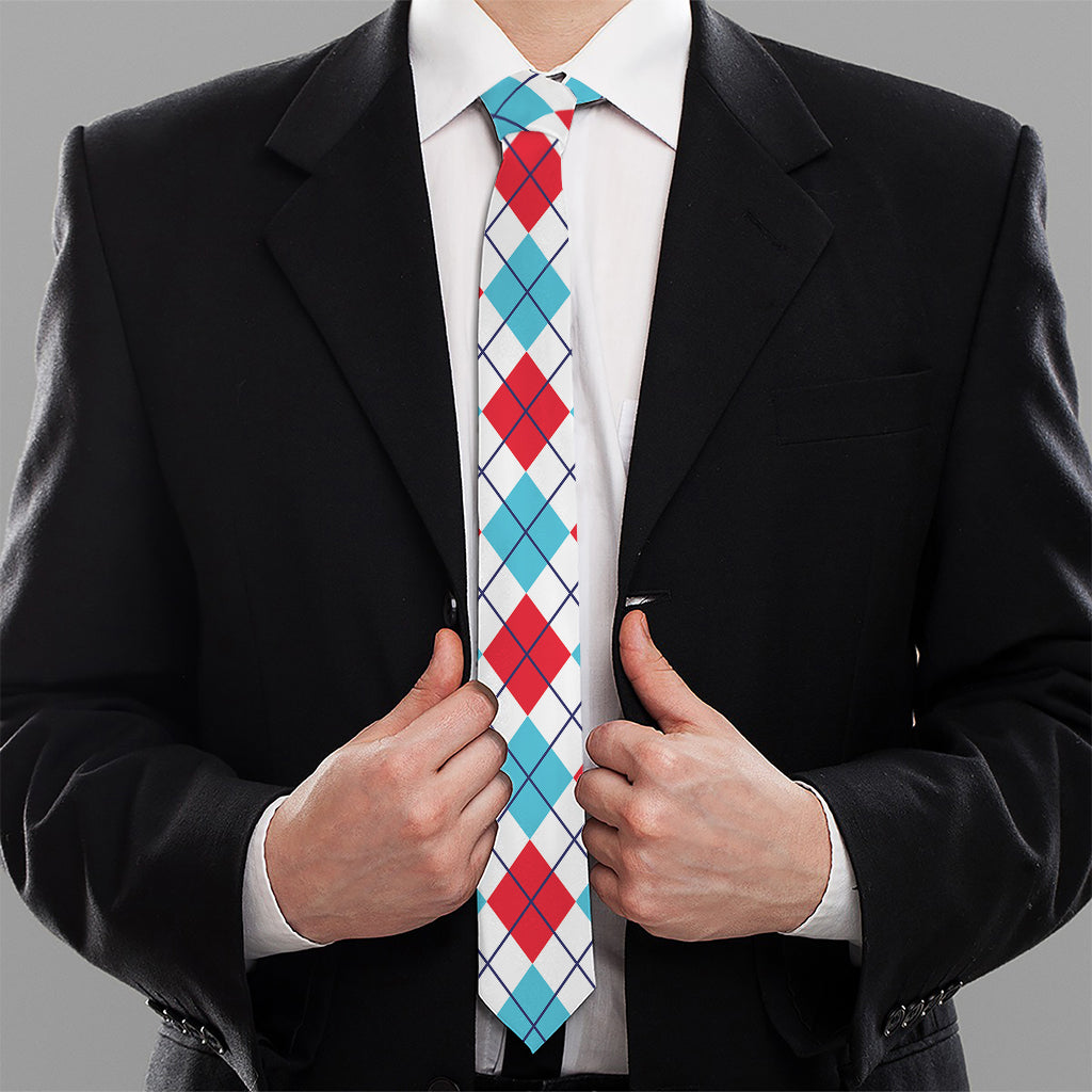 White Red And Blue Argyle Pattern Print Necktie