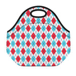 White Red And Blue Argyle Pattern Print Neoprene Lunch Bag