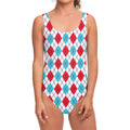 White Red And Blue Argyle Pattern Print One Piece Swimsuit