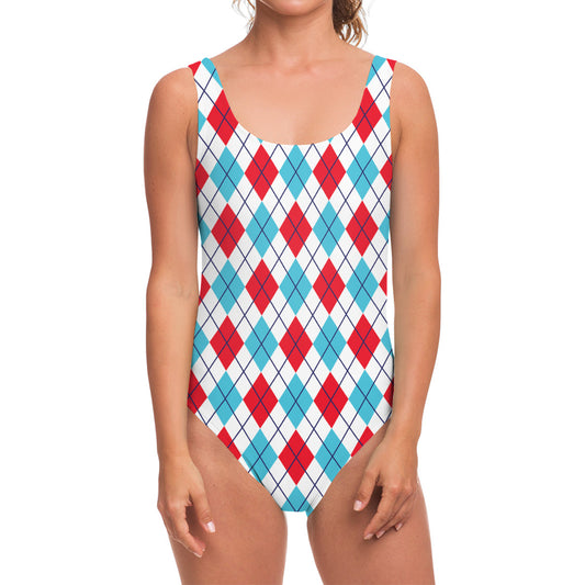 White Red And Blue Argyle Pattern Print One Piece Swimsuit