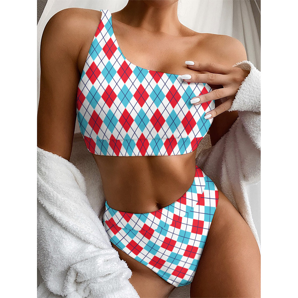 White Red And Blue Argyle Pattern Print One Shoulder Bikini Top