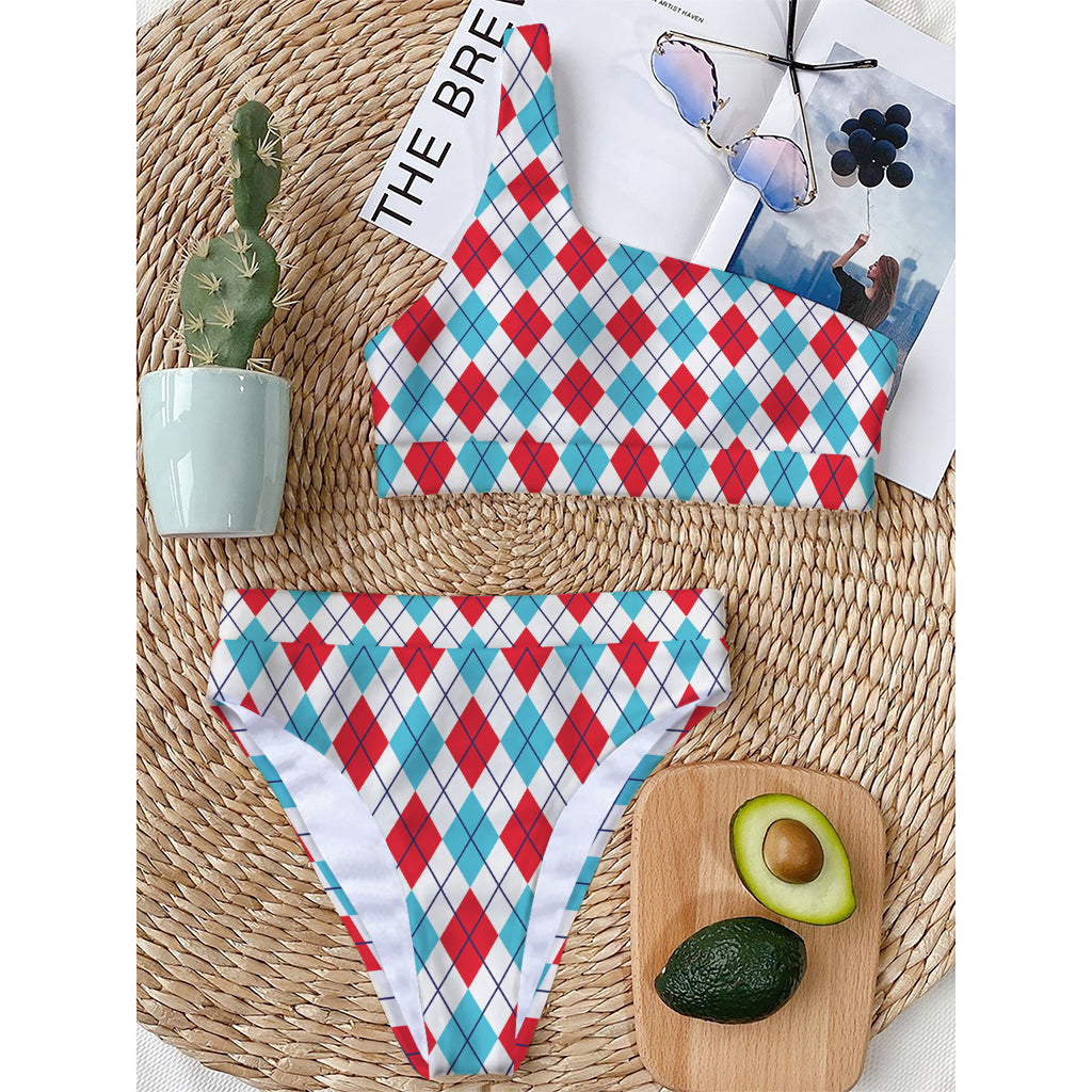 White Red And Blue Argyle Pattern Print One Shoulder Bikini Top