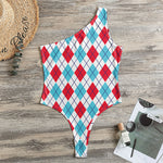 White Red And Blue Argyle Pattern Print One Shoulder Bodysuit