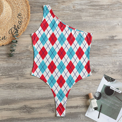 White Red And Blue Argyle Pattern Print One Shoulder Bodysuit