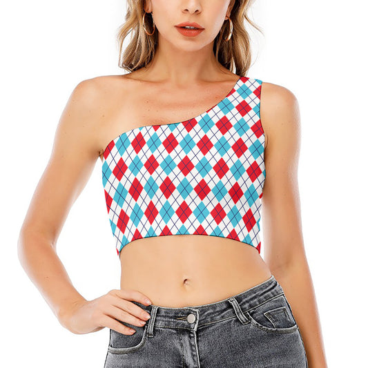 White Red And Blue Argyle Pattern Print One Shoulder Crop Top
