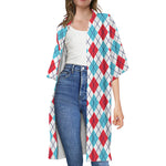 White Red And Blue Argyle Pattern Print Open Front Beach Cover Up