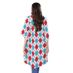 White Red And Blue Argyle Pattern Print Open Front Beach Cover Up
