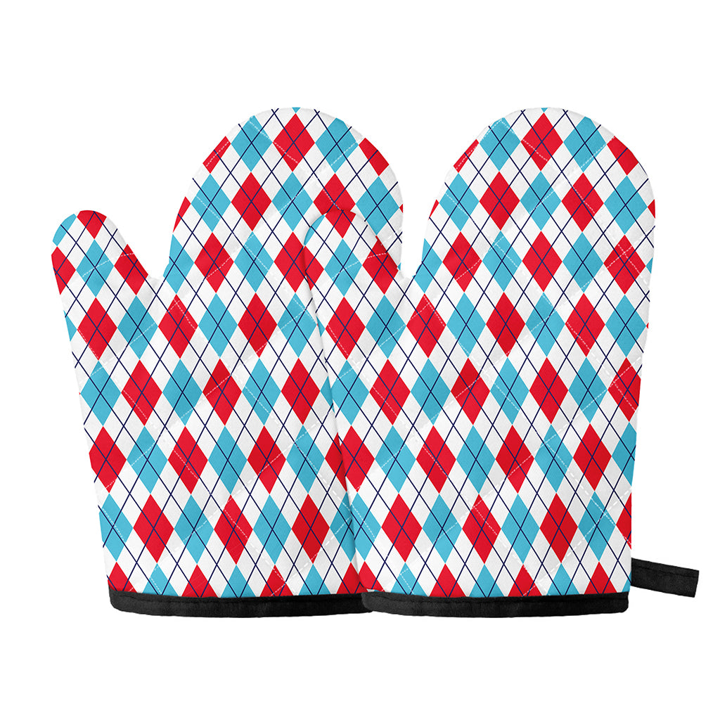 White Red And Blue Argyle Pattern Print Oven Mitts