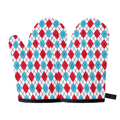 White Red And Blue Argyle Pattern Print Oven Mitts