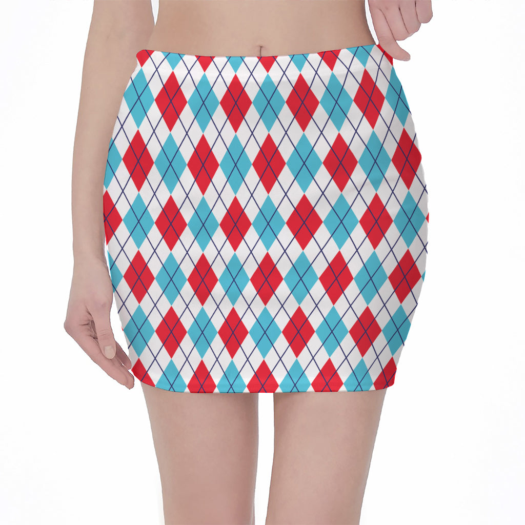 White Red And Blue Argyle Pattern Print Pencil Mini Skirt