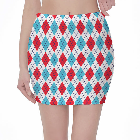 White Red And Blue Argyle Pattern Print Pencil Mini Skirt