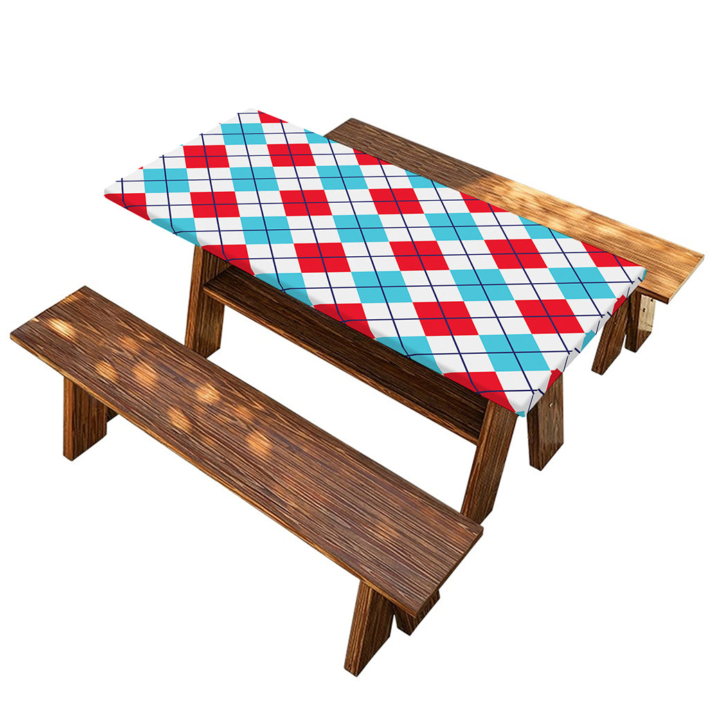 White Red And Blue Argyle Pattern Print Picnic Table Cover