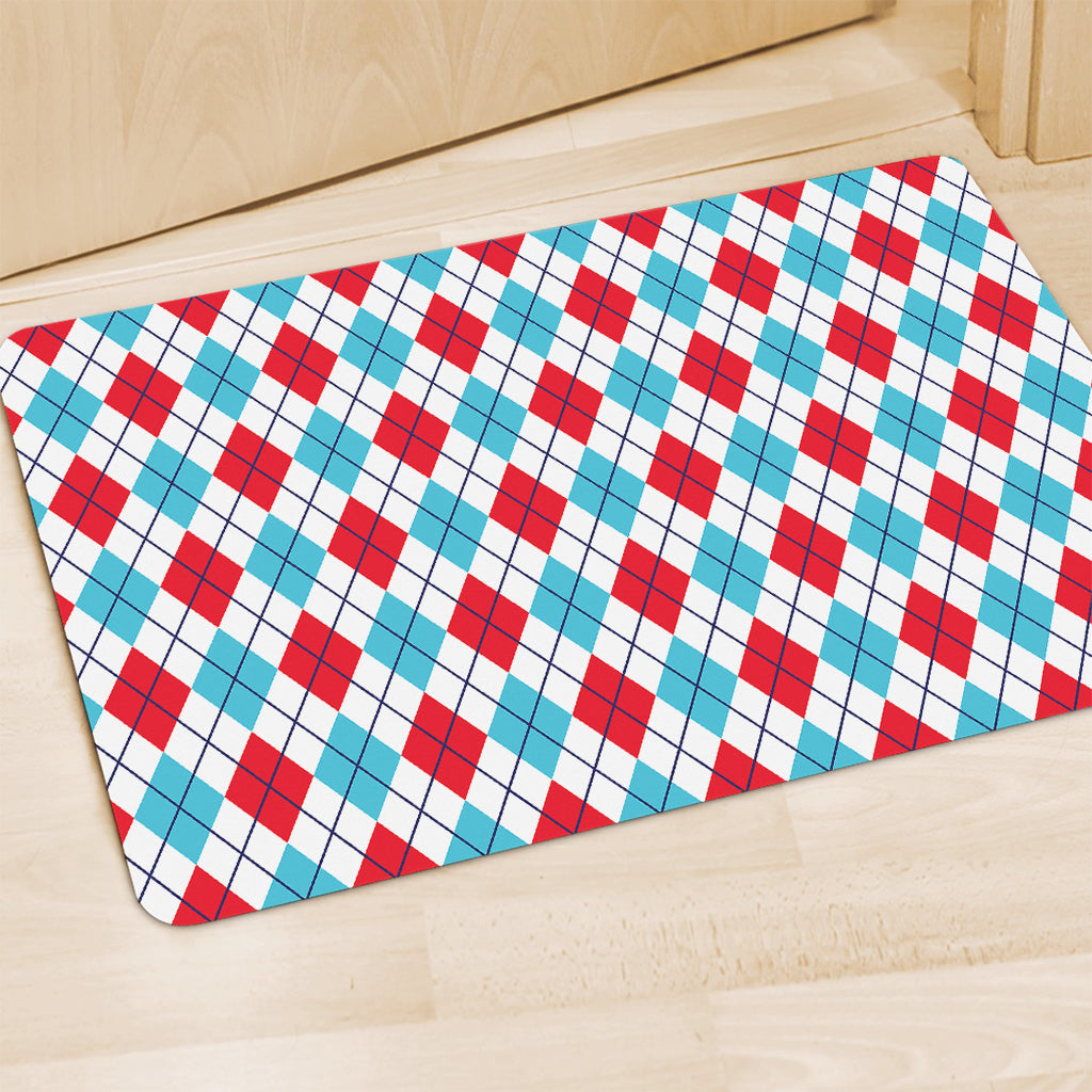 White Red And Blue Argyle Pattern Print Polyester Doormat
