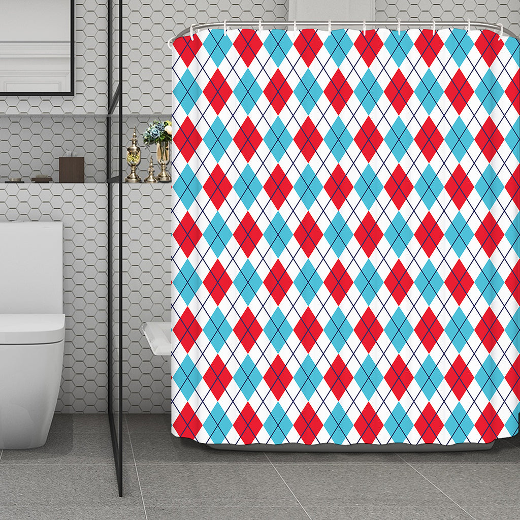 White Red And Blue Argyle Pattern Print Polyester Shower Curtain