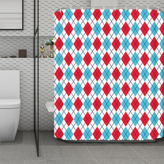 White Red And Blue Argyle Pattern Print Polyester Shower Curtain