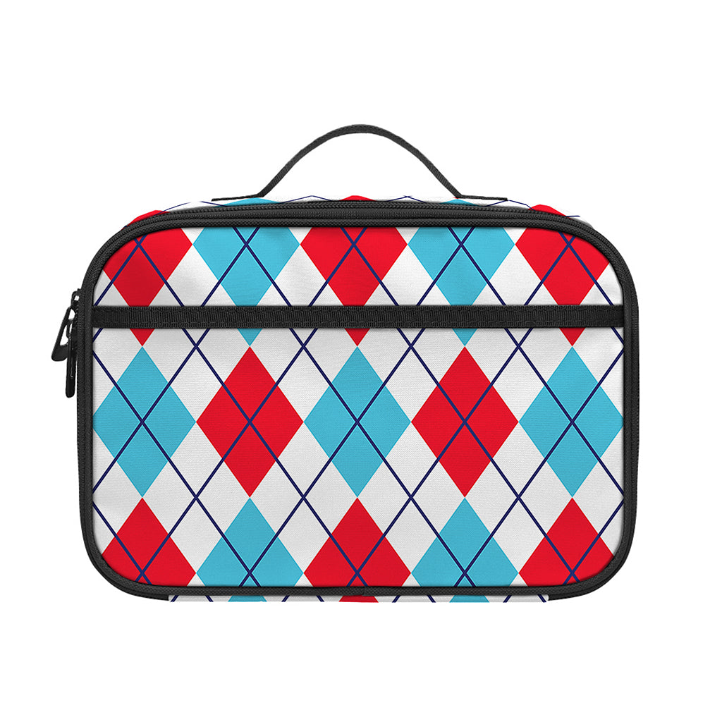 White Red And Blue Argyle Pattern Print Portable Lunch Bag