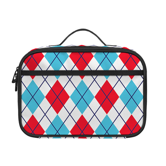 White Red And Blue Argyle Pattern Print Portable Lunch Bag