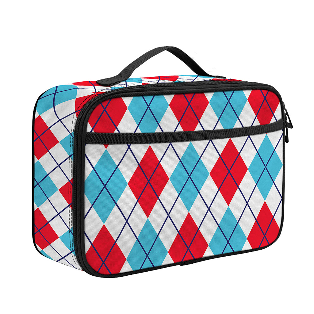 White Red And Blue Argyle Pattern Print Portable Lunch Bag