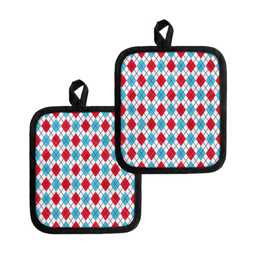 White Red And Blue Argyle Pattern Print Pot Holders