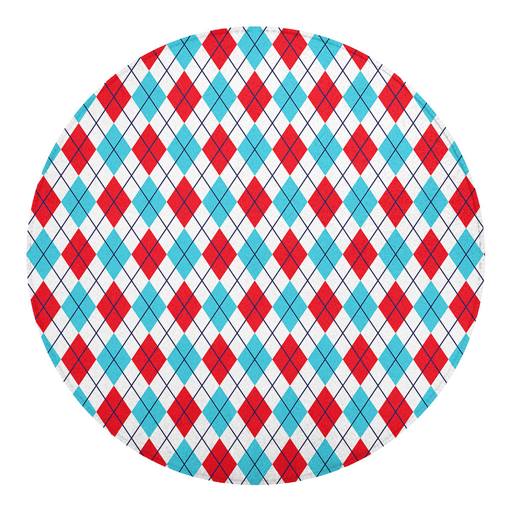 White Red And Blue Argyle Pattern Print Round Blanket