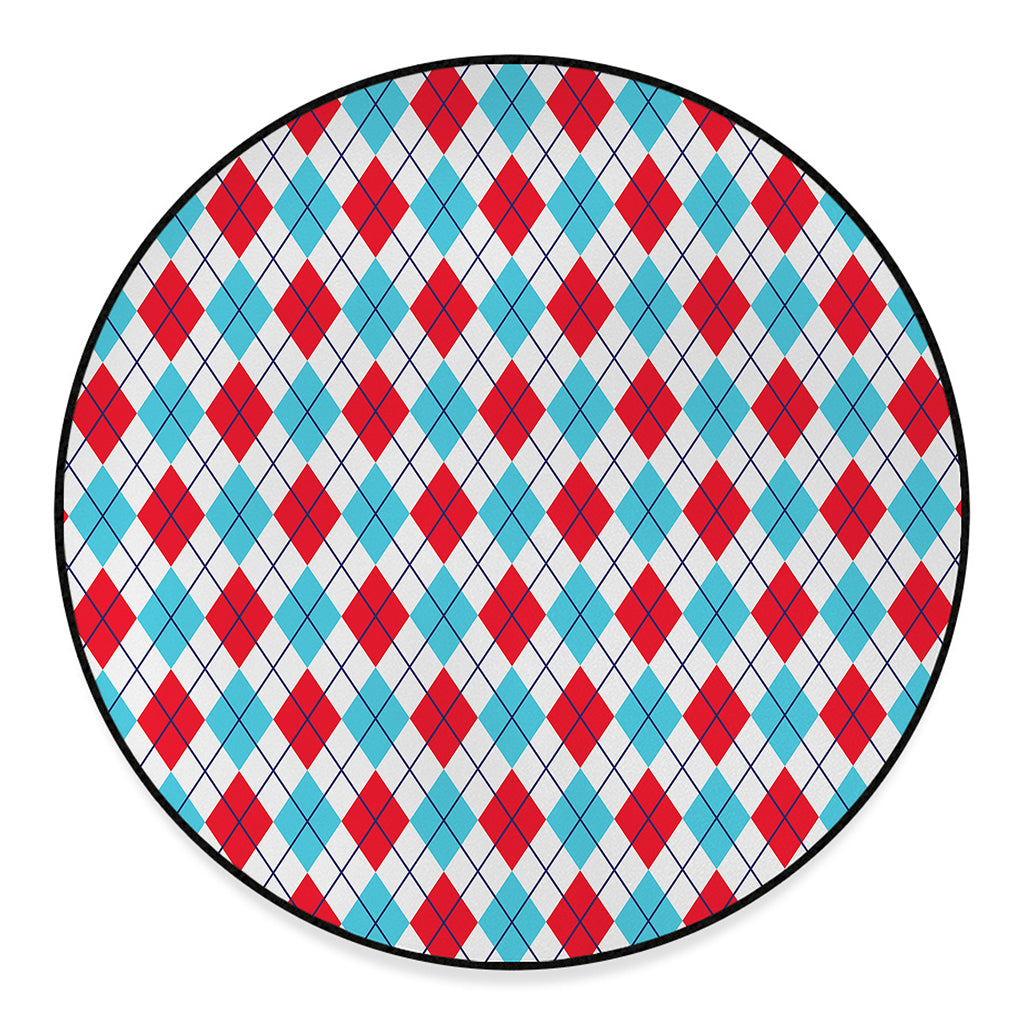 White Red And Blue Argyle Pattern Print Round Floor Mat