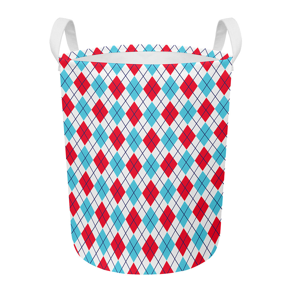 White Red And Blue Argyle Pattern Print Round Laundry Basket