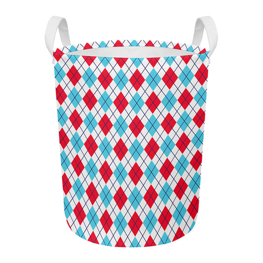 White Red And Blue Argyle Pattern Print Round Laundry Basket