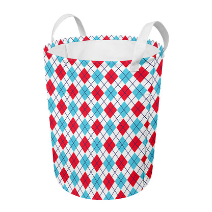 White Red And Blue Argyle Pattern Print Round Laundry Basket