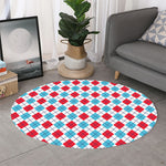 White Red And Blue Argyle Pattern Print Round Rug