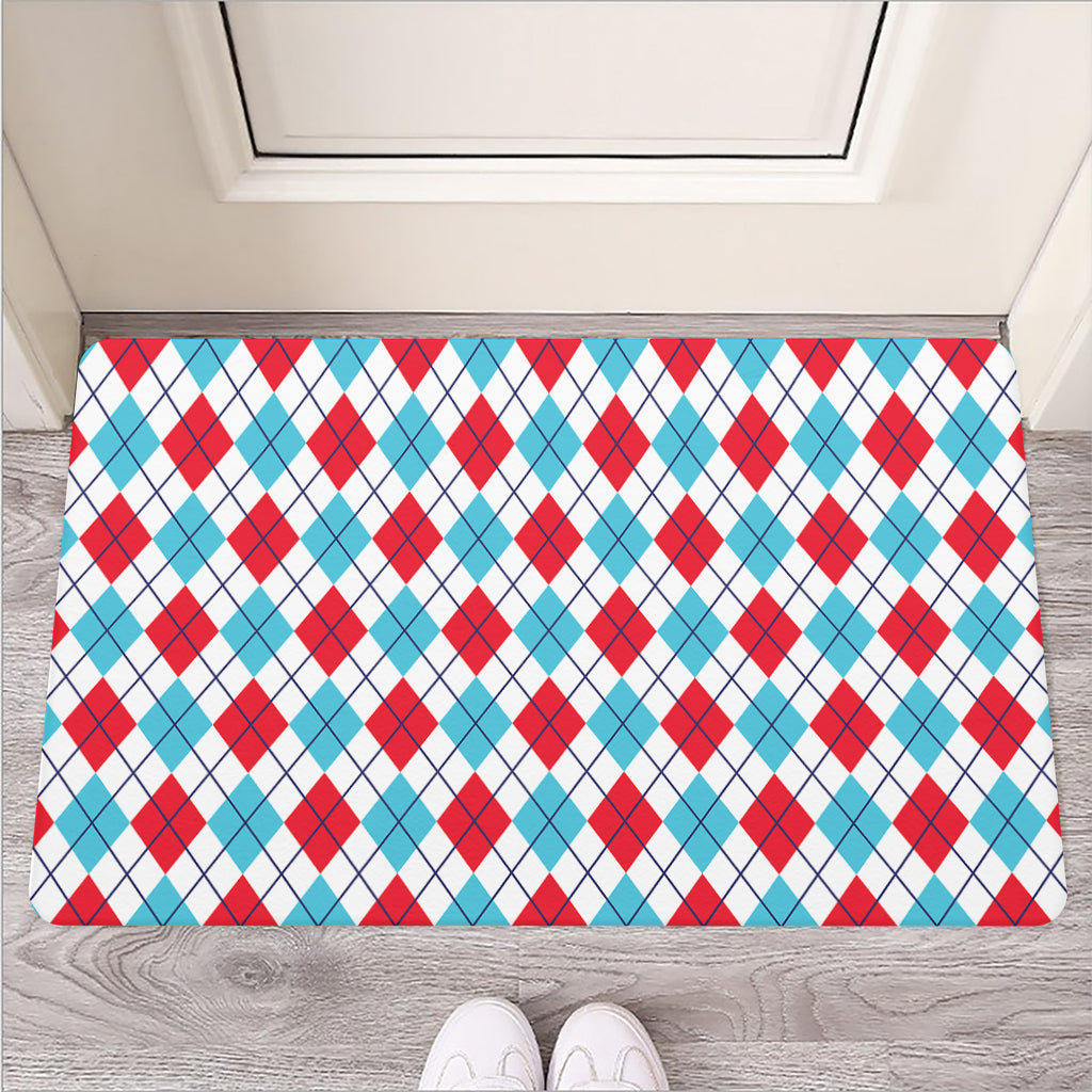 White Red And Blue Argyle Pattern Print Rubber Doormat