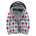 White Red And Blue Argyle Pattern Print Sherpa Lined Zip Up Hoodie