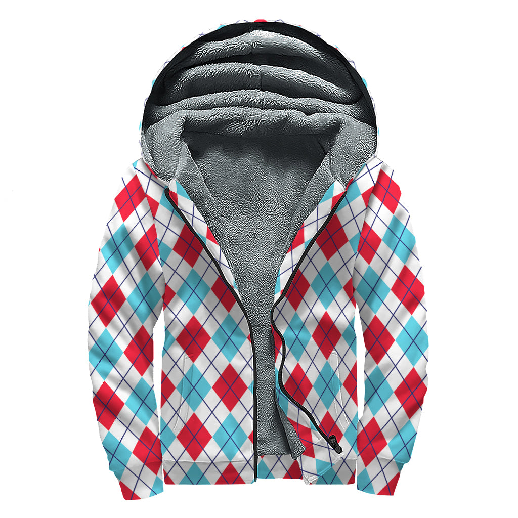 White Red And Blue Argyle Pattern Print Sherpa Lined Zip Up Hoodie