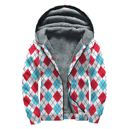 White Red And Blue Argyle Pattern Print Sherpa Lined Zip Up Hoodie