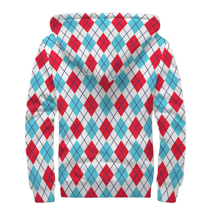White Red And Blue Argyle Pattern Print Sherpa Lined Zip Up Hoodie