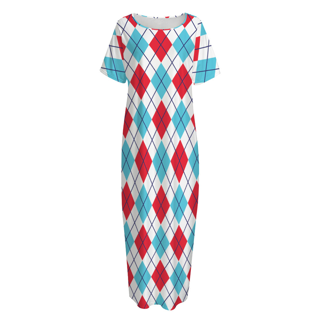 White Red And Blue Argyle Pattern Print Short Sleeve Long Nightdress