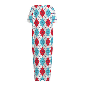 White Red And Blue Argyle Pattern Print Short Sleeve Long Nightdress