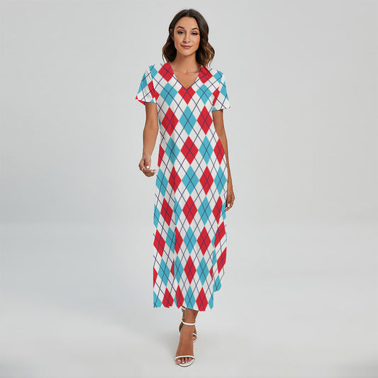 White Red And Blue Argyle Pattern Print Short Sleeve Maxi Dress