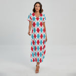 White Red And Blue Argyle Pattern Print Short Sleeve Maxi Dress