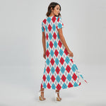 White Red And Blue Argyle Pattern Print Short Sleeve Maxi Dress