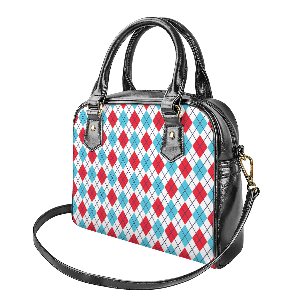 White Red And Blue Argyle Pattern Print Shoulder Handbag