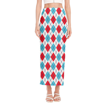 White Red And Blue Argyle Pattern Print Side Slit Maxi Skirt