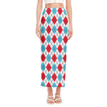 White Red And Blue Argyle Pattern Print Side Slit Maxi Skirt