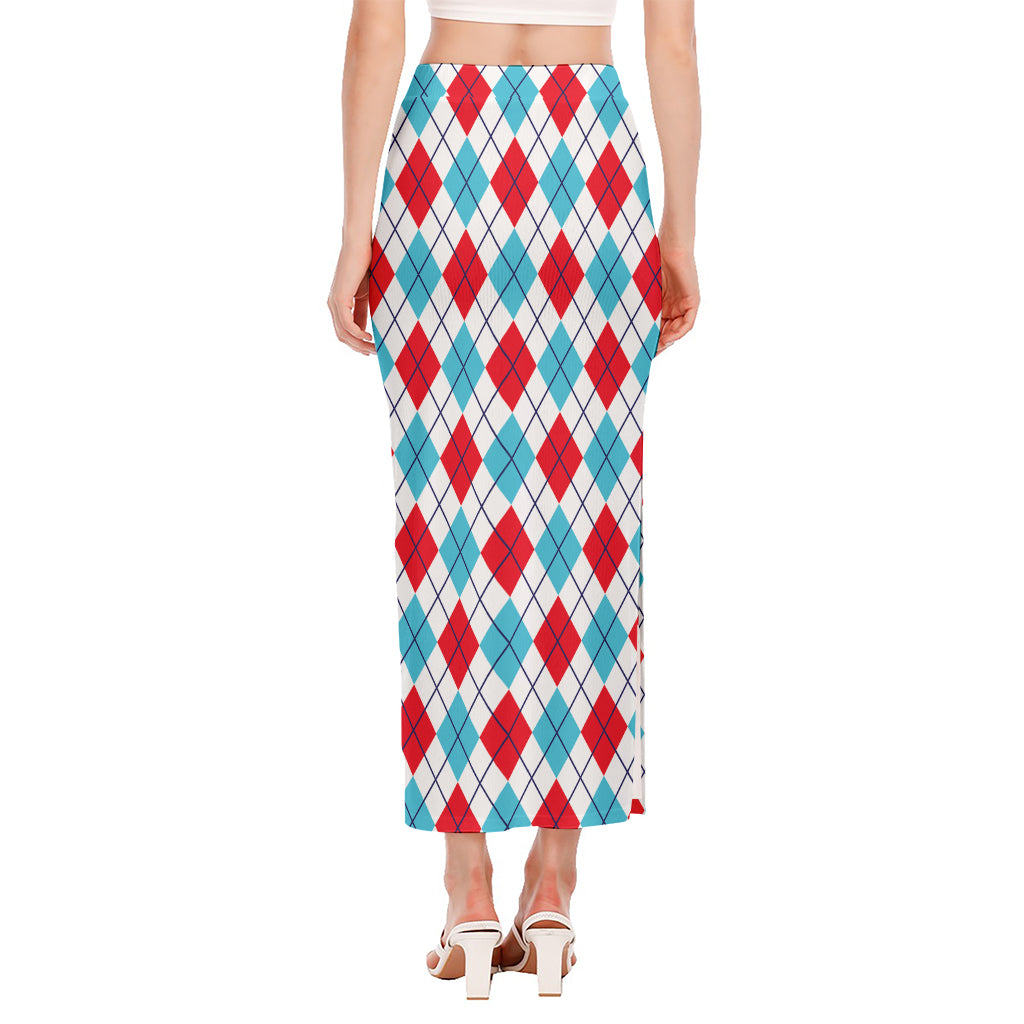 White Red And Blue Argyle Pattern Print Side Slit Maxi Skirt
