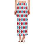 White Red And Blue Argyle Pattern Print Side Slit Maxi Skirt