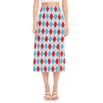 White Red And Blue Argyle Pattern Print Side Slit Midi Skirt